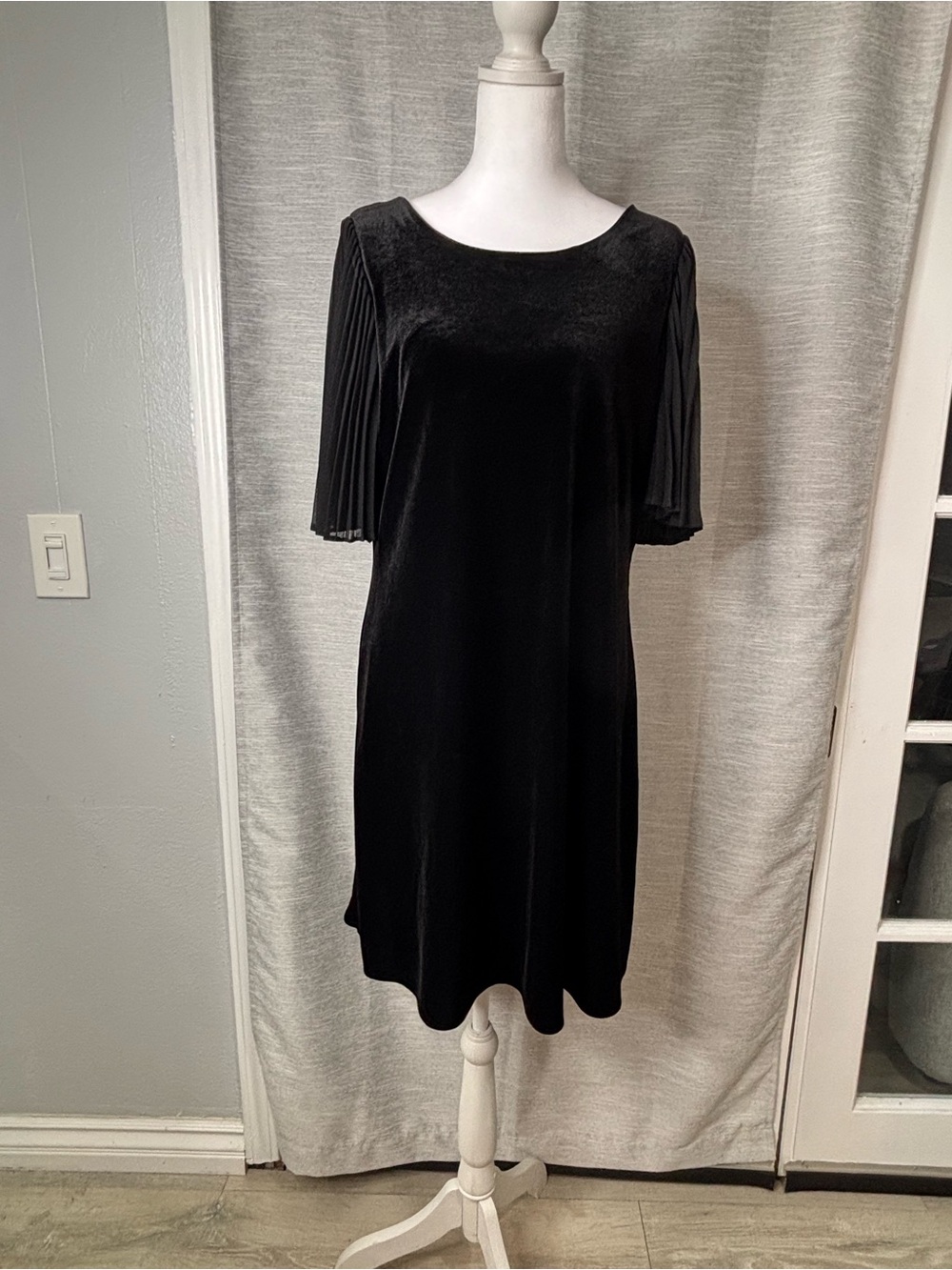 Calvin Klein Black Velvet Midi Dress with Pleated Elbow Sleeves